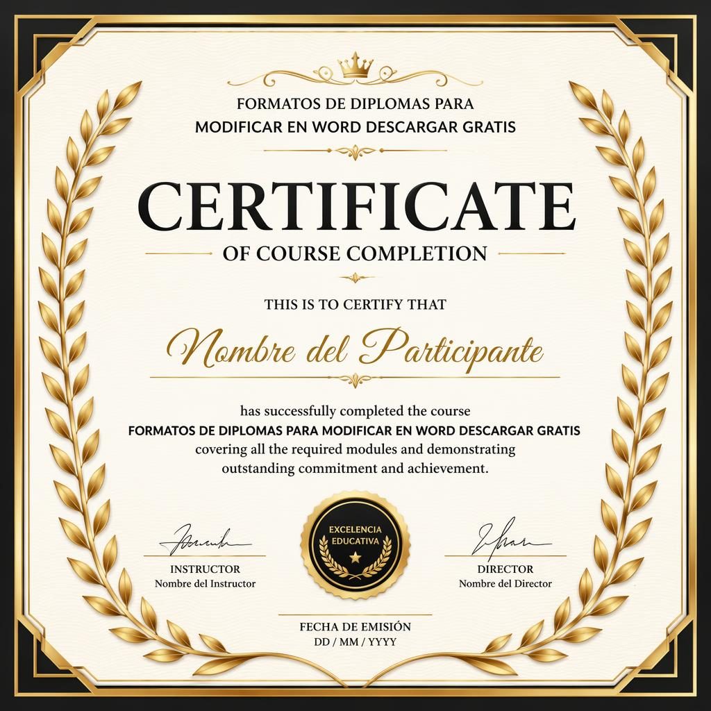 Plantilla de certificado horizontal A4 en negro y dorado, con borde de laurel, título central, firmas y sello.