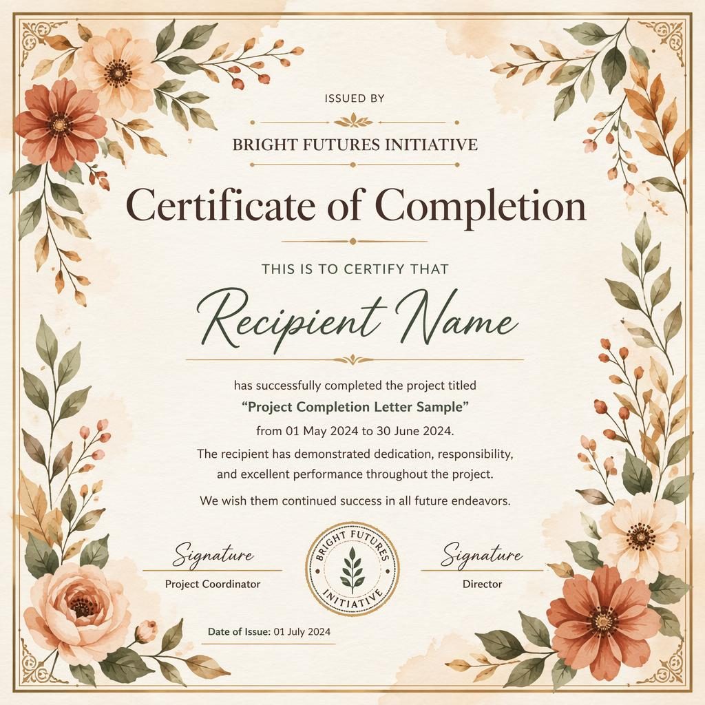Landscape A4 membership certificate template with floral watercolor border, warm earth tones, heading, body text, signature lines