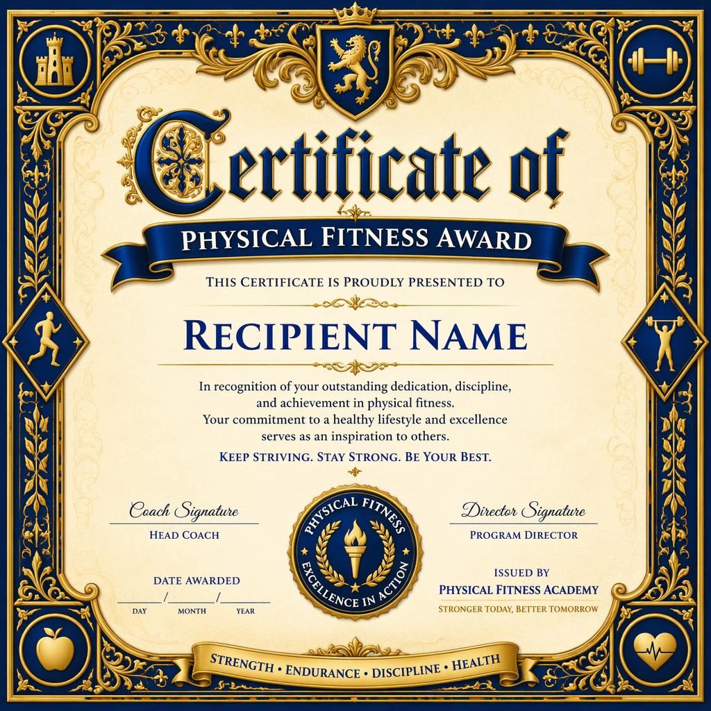 Landscape A4 gift voucher certificate template with royal blue and gold illuminated border, heading, name field, signature lines, date, and seal.