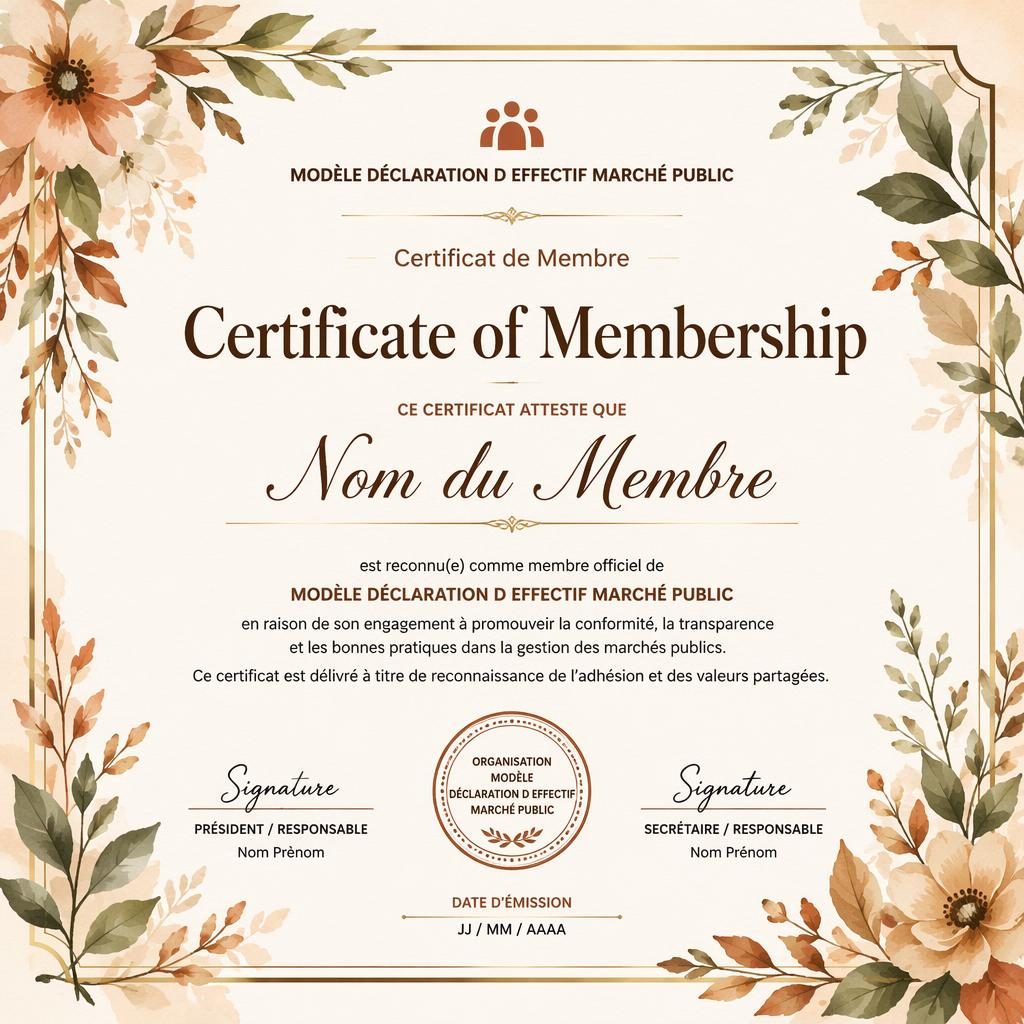 Modèle de certificat d’adhésion A4 paysage, bord floral aquarelle, palette terre chaude, zones signature, date et sceau.