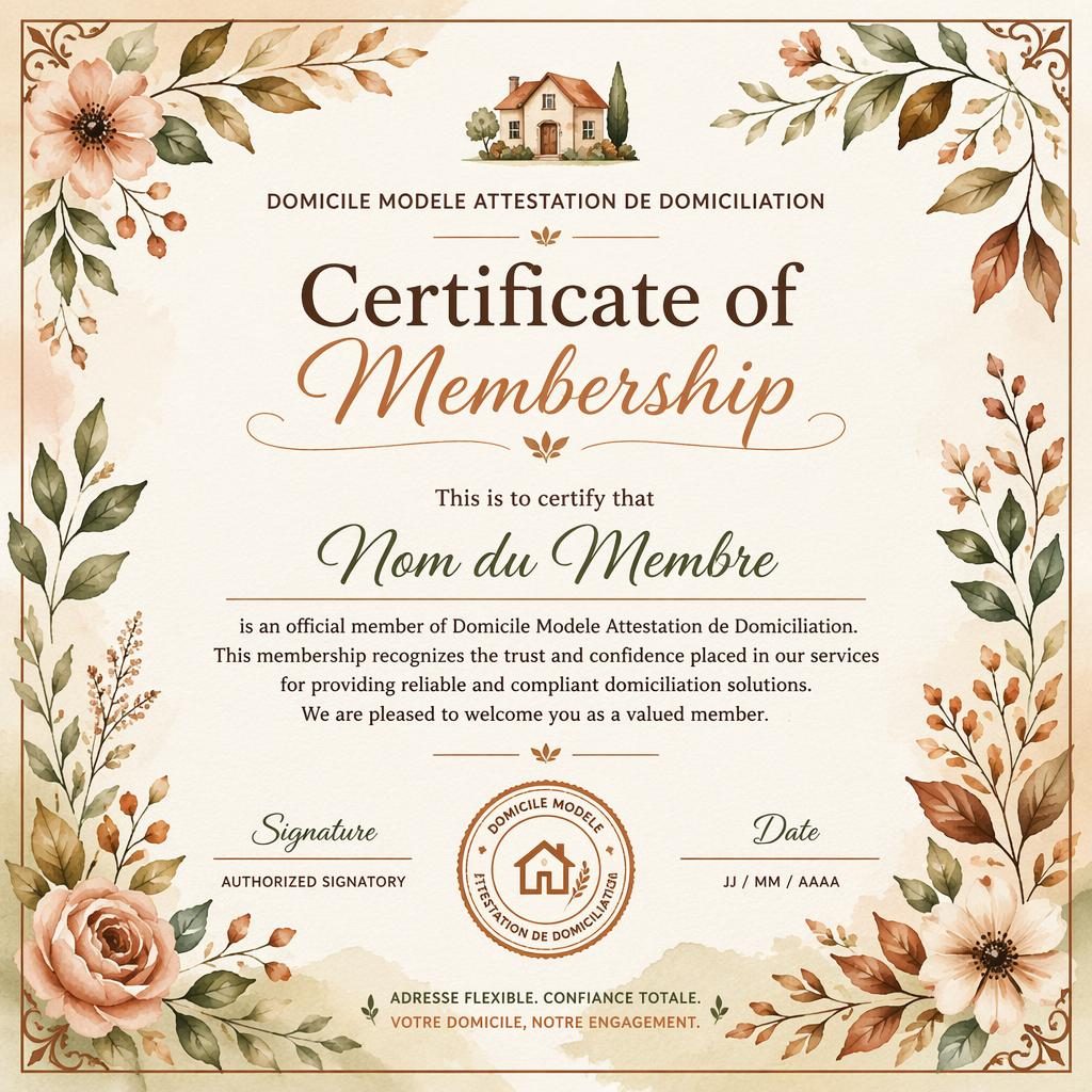 Modèle de certificat d’adhésion A4 paysage, style aquarelle floral, bordure fleurie, tons terre, signature et sceau