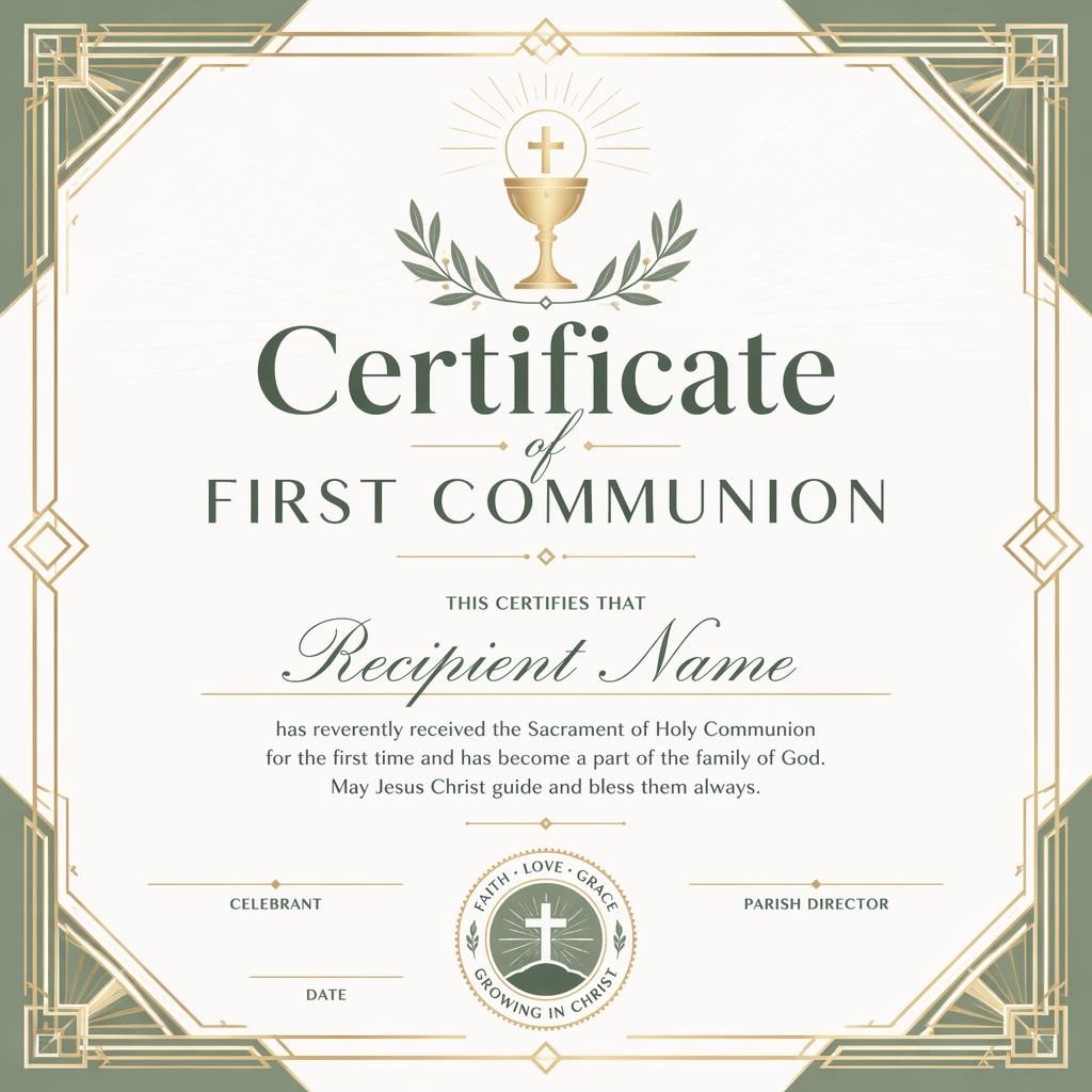 Landscape A4 first communion certificate template with art deco geometric border, white and sage palette, heading, body text, signature lines
