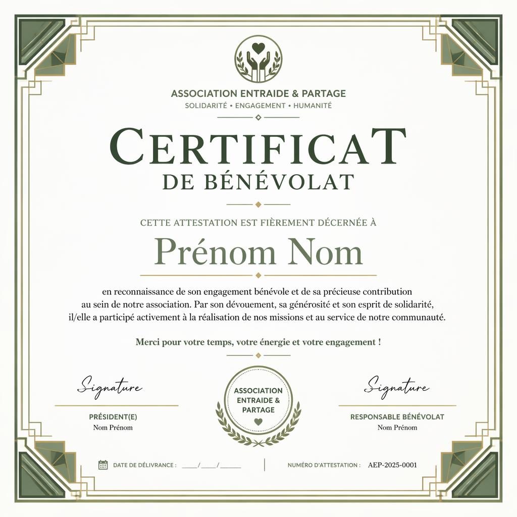 Certificat académique paysage A4, bordure art déco vert sauge, mise en page professionnelle avec signature, date et sceau.