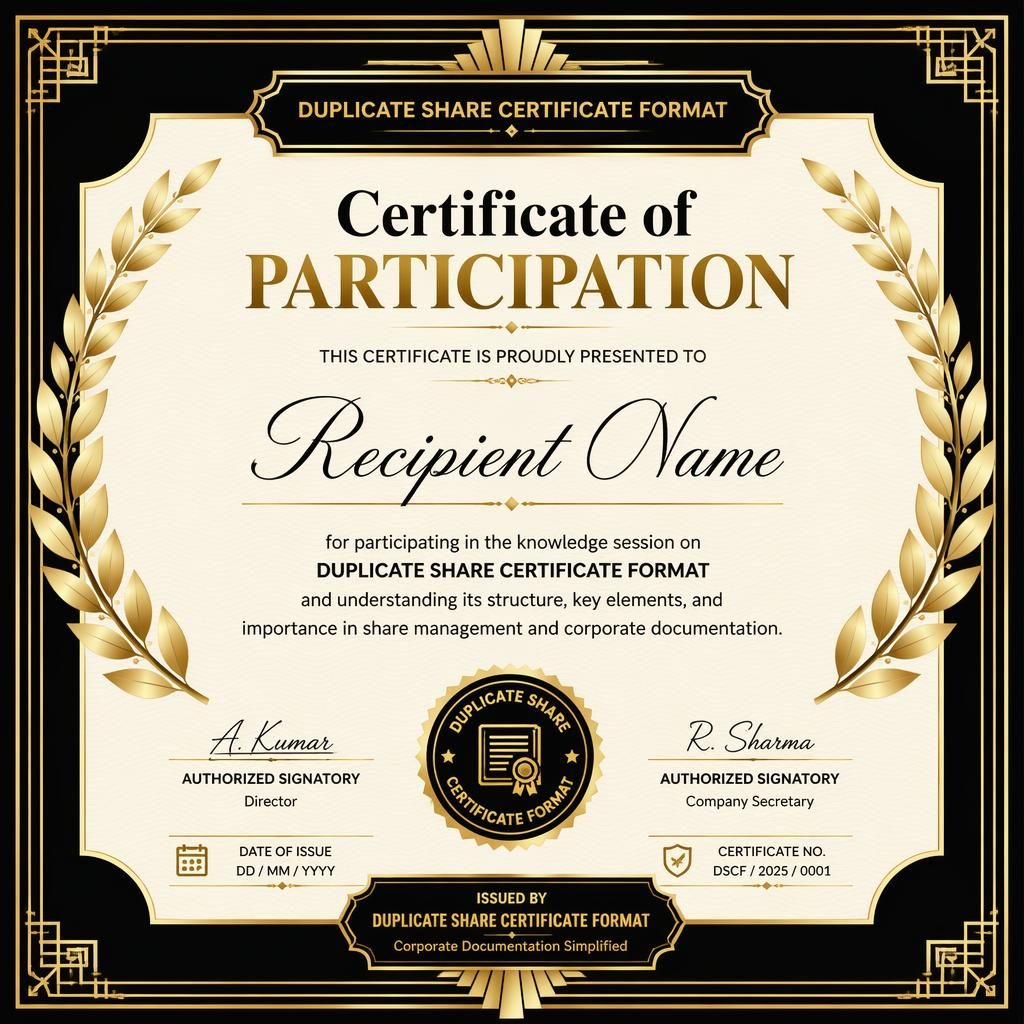 Art deco participation certificate template in black and gold with laurel border, signature lines, date, and seal.