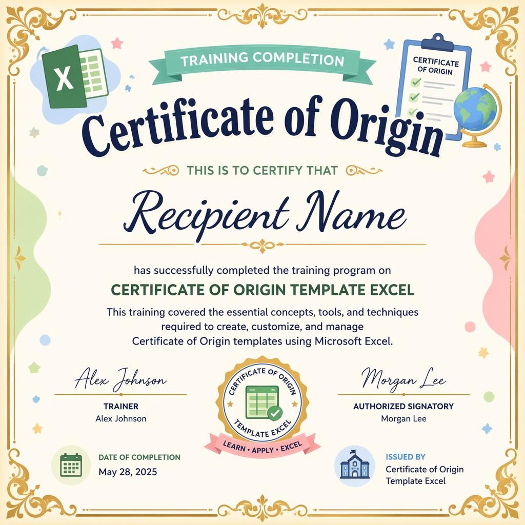 Landscape A4 training certificate template with gold border, pastel colors, heading, recipient name, body text, signatures