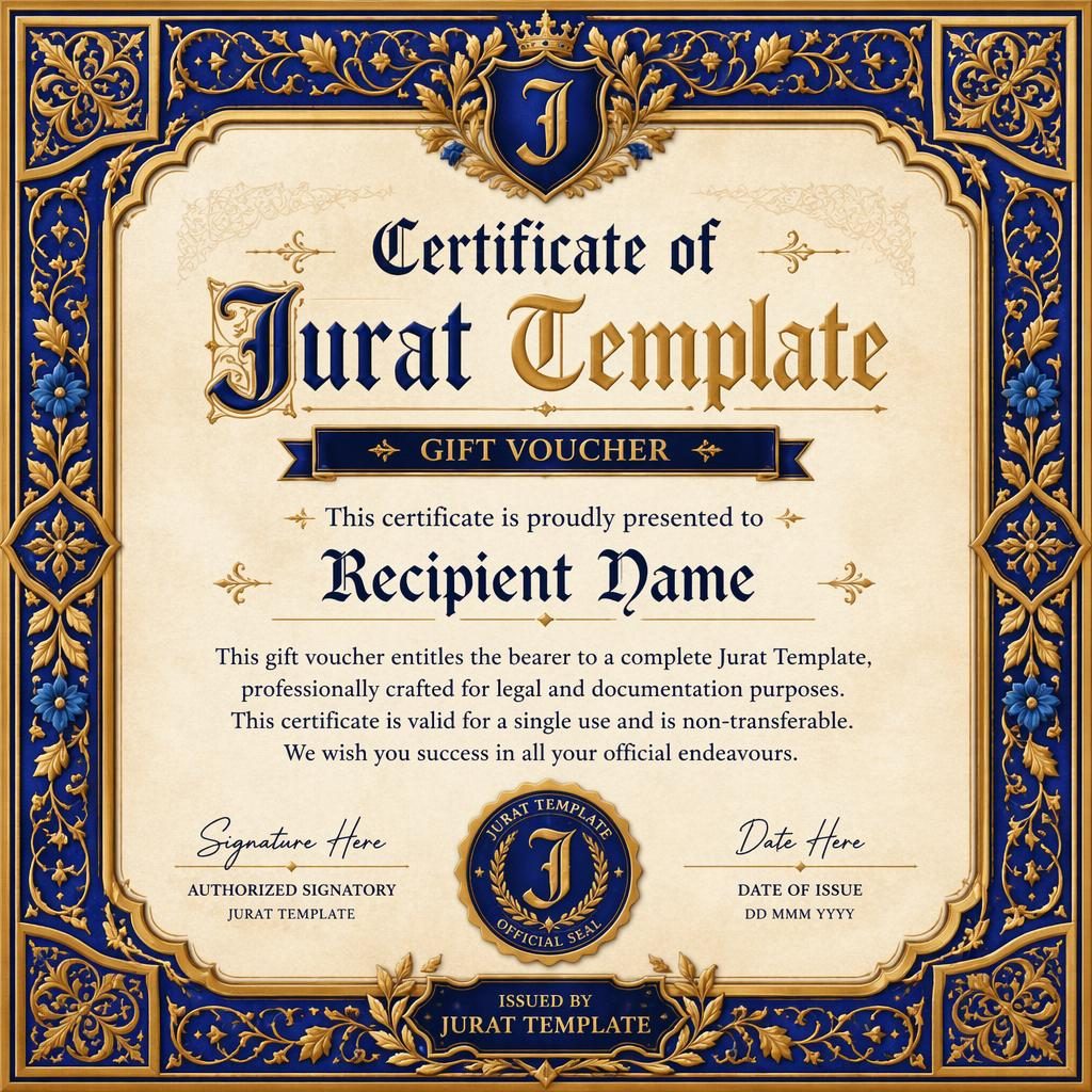 Landscape A4 gift voucher certificate template with medieval illuminated blue and gold border, heading, name, body text.