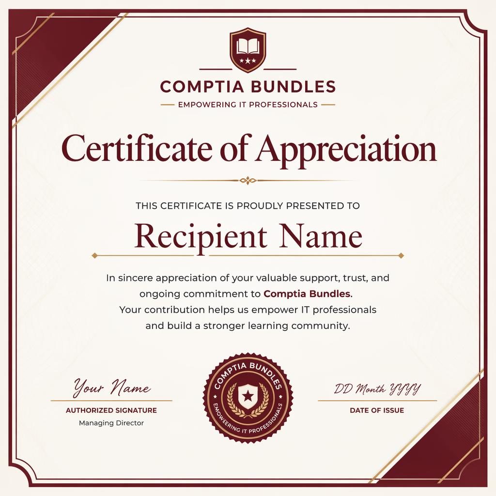 Landscape A4 appreciation certificate template in burgundy with classic double-line border, heading, signature lines, date, and seal