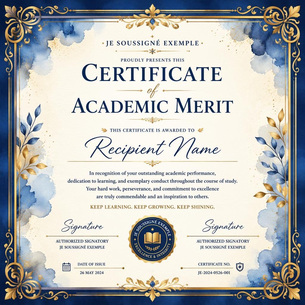Modèle de certificat académique A4 paysage, cadre aquarelle bleu royal et or, titre central, signature et sceau.