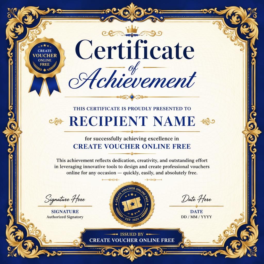 Classic ornate landscape A4 certificate template with royal blue and gold frame, heading, recipient name, signature lines, date.