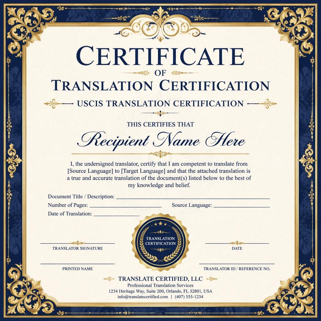 Classic ornate landscape A4 certificate template in royal blue and gold with decorative frame, heading, signature lines, date.