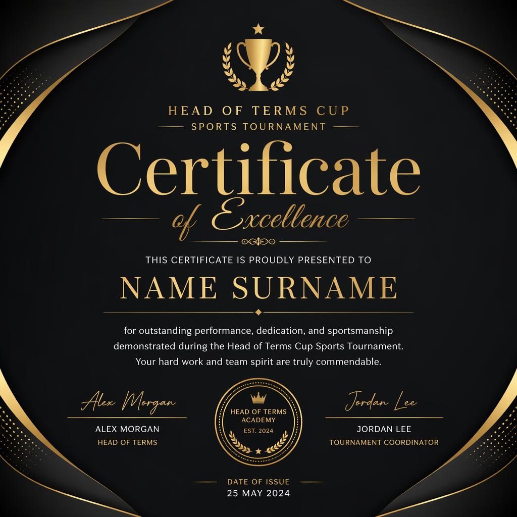 Luxury black and gold sports tournament certificate template in landscape A4 with bold heading, recipient name, signature lines, date, and seal.