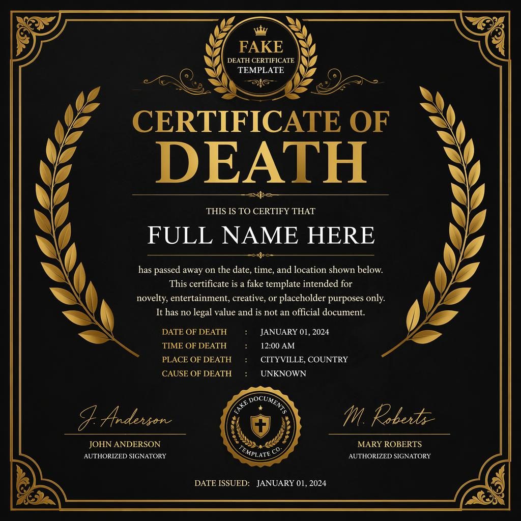 Luxury black and gold landscape certificate template with laurel wreath border, heading, body text, signature lines, date, and seal.