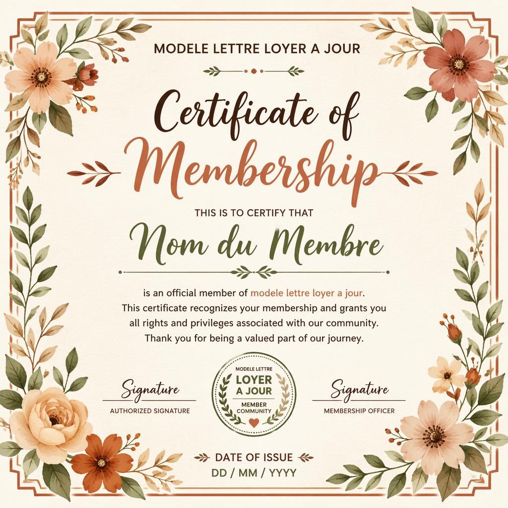 Modèle de certificat d’adhésion A4 paysage avec bordure florale aquarelle, titre central, signatures et date.