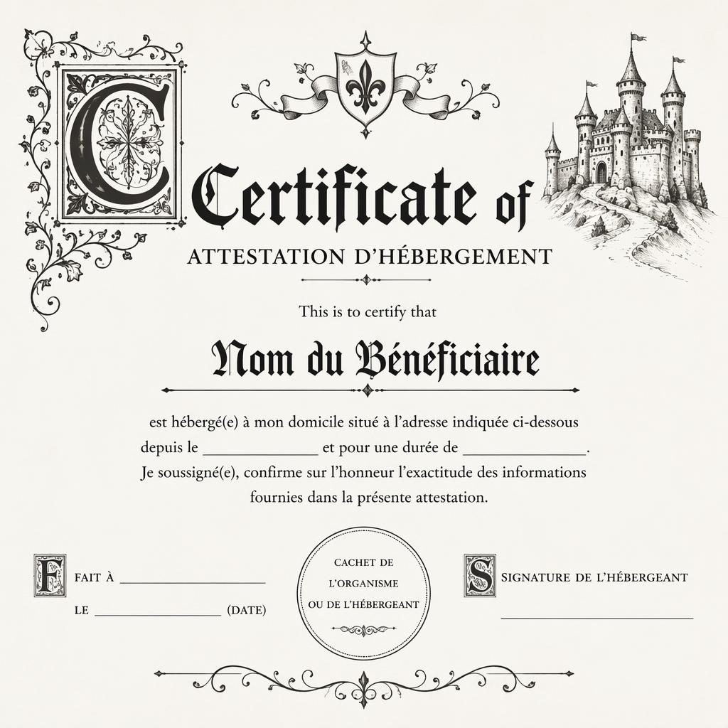 Modèle de certificat sportif A4 paysage, style enluminé médiéval monochrome, avec titre, nom, texte, signatures et sceau.