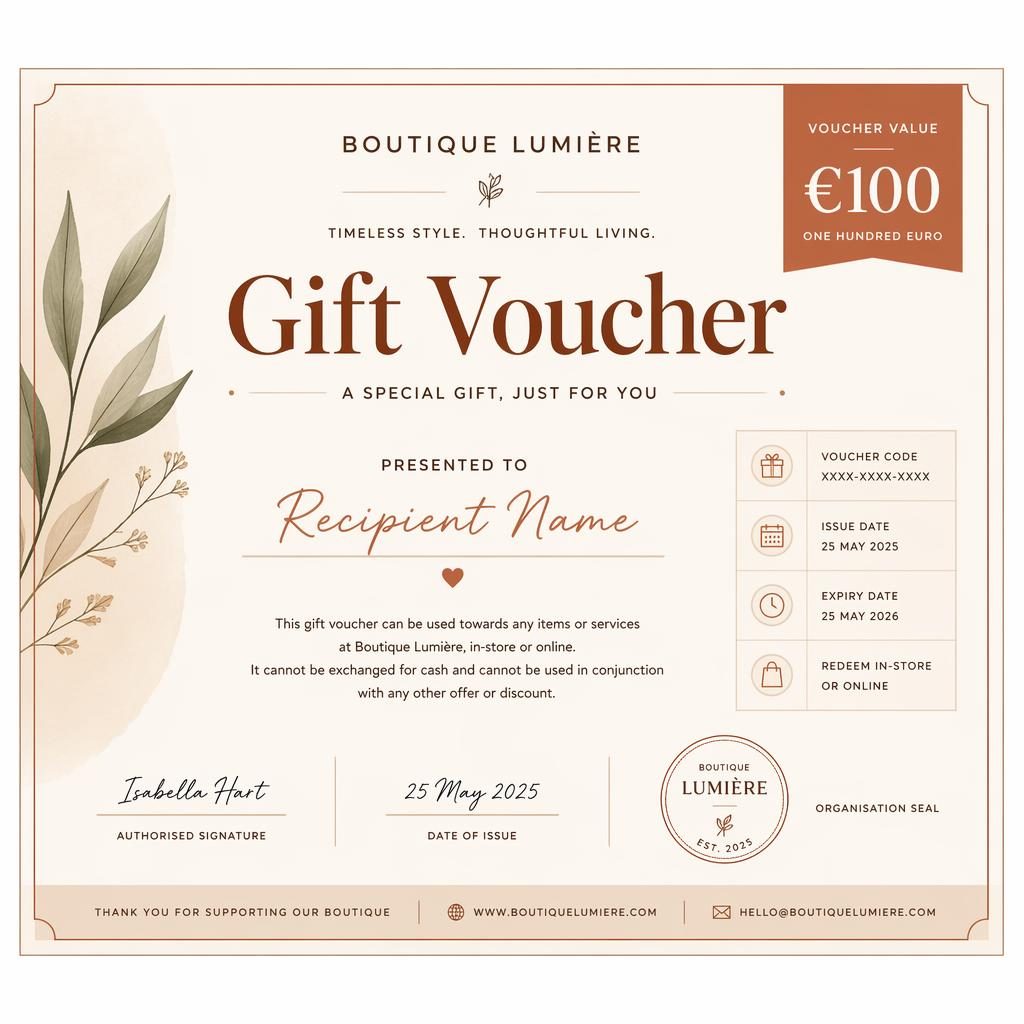 Modern minimal cadeaubon template in liggend A4-formaat met dunne rand, warme aardetinten en leesbare placeholders.