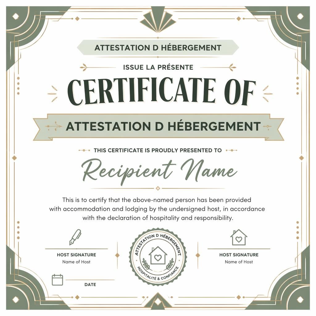 Modèle de certificat A4 paysage blanc et sauge, bordure géométrique art déco, titre central, signature, date et sceau.