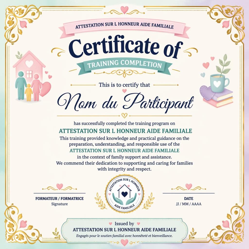 Certificat A4 paysage ludique avec bordure dorée, palette pastel, titre central, zones de nom, signature, date et sceau.