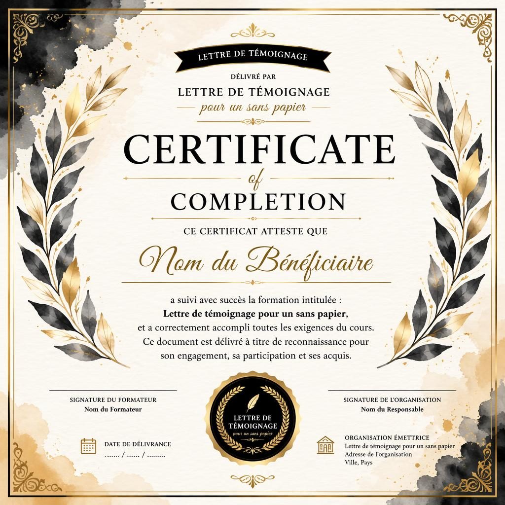 Modèle de certificat A4 paysage en aquarelle, bordure de laurier noir et or, titre central, signature, date et sceau.