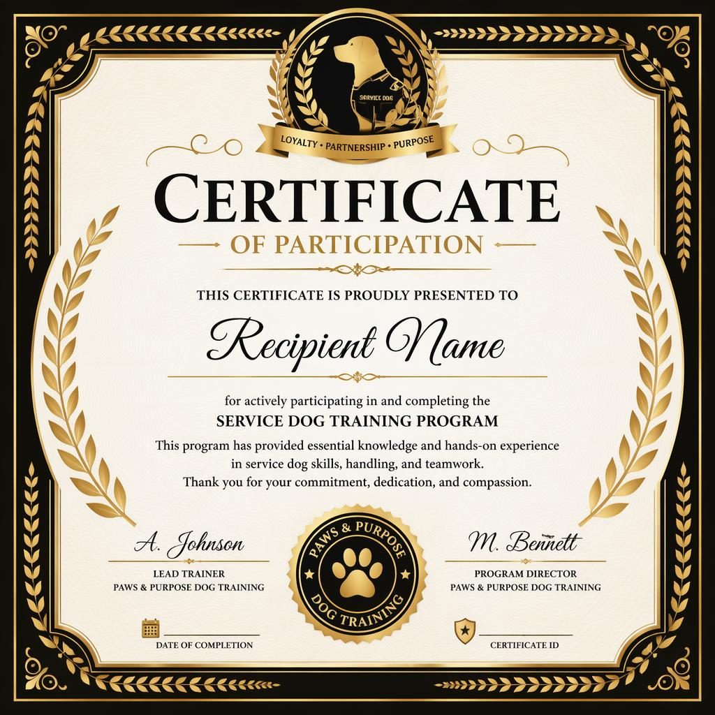 Classic ornate landscape A4 certificate template with laurel wreath border, black and gold palette, heading, signature lines, date, and seal.