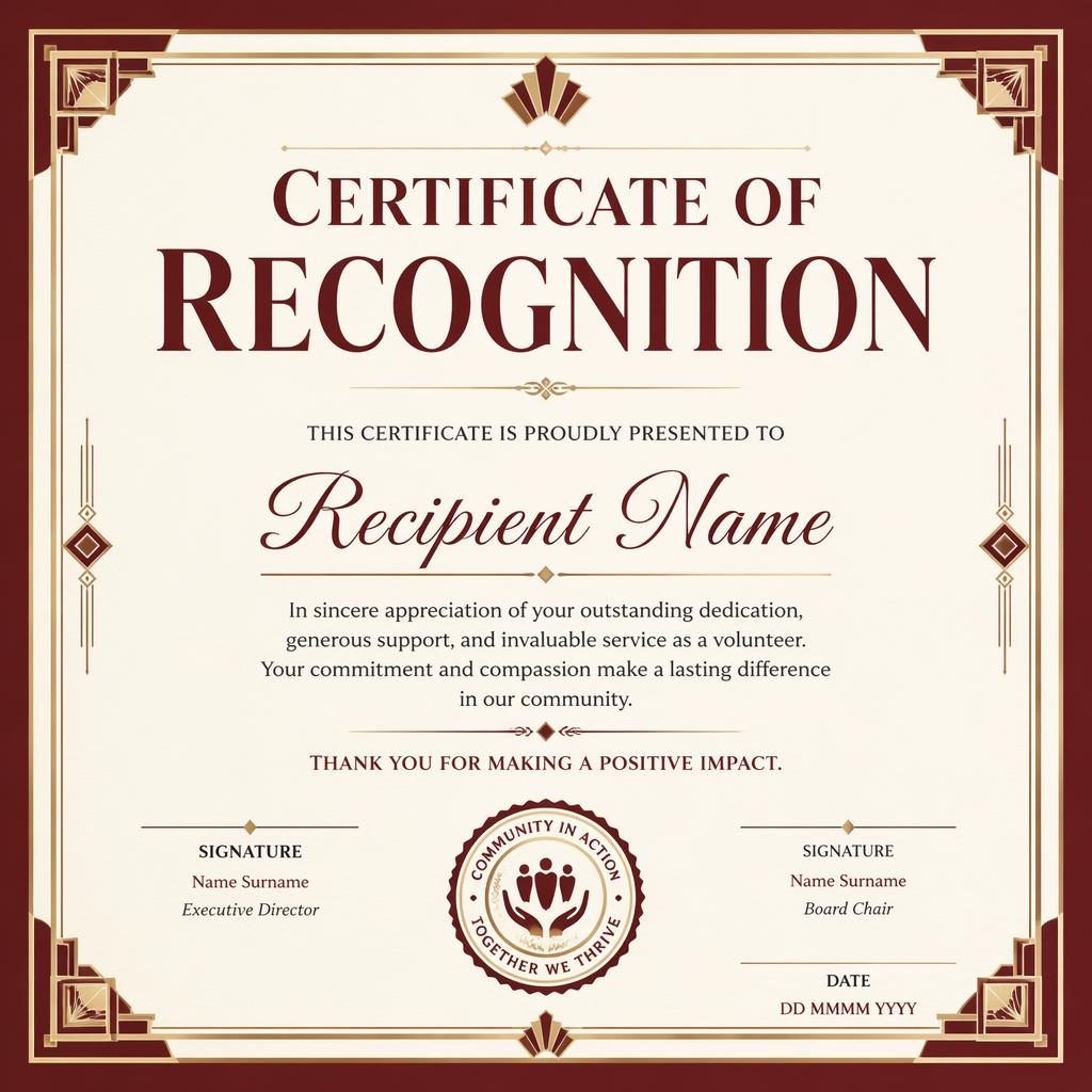 Landscape A4 certificate of recognition template with art deco double-line border, burgundy palette, heading, signature lines, date, and seal.