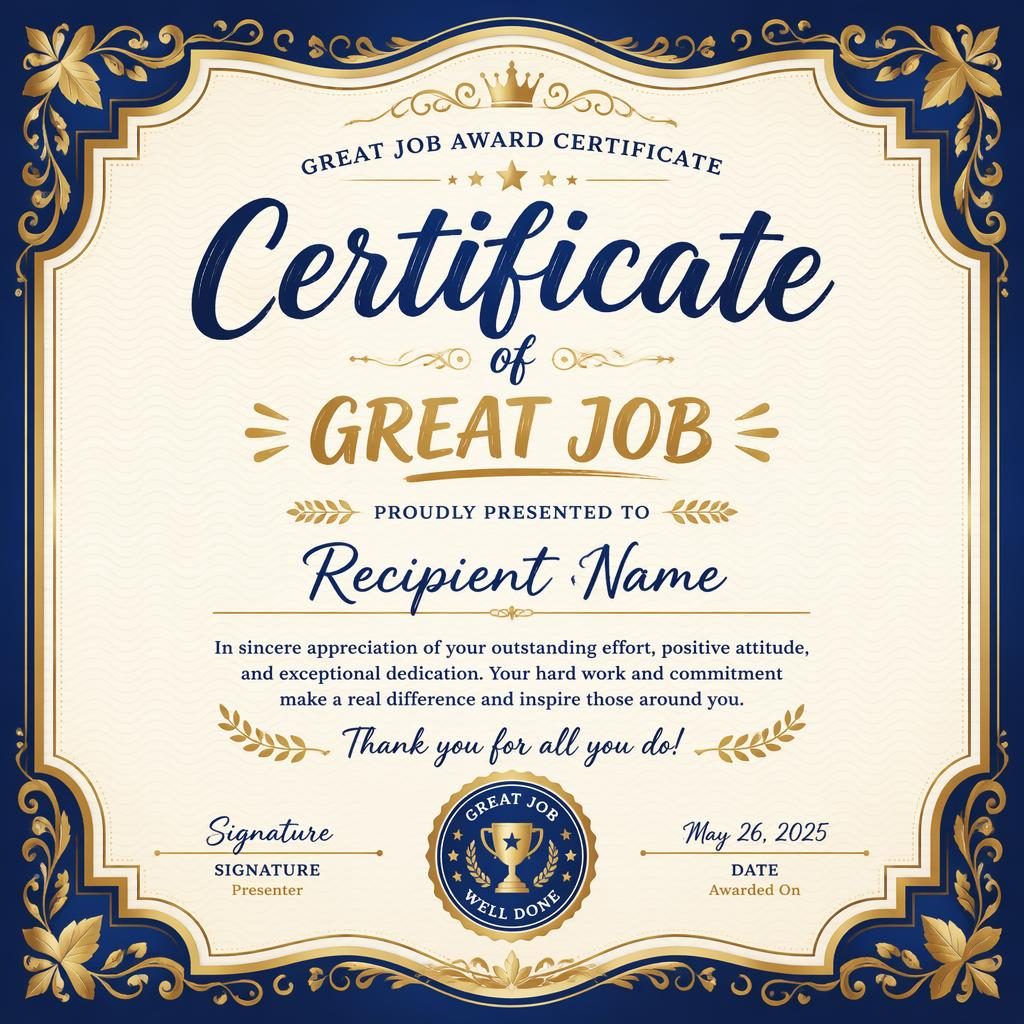 Landscape academic merit certificate template with decorative blue and gold border, hand-lettered heading, signature lines