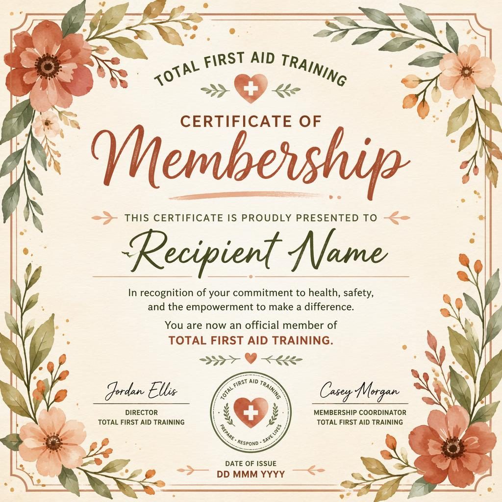 Landscape A4 membership certificate template with hand-lettered heading, watercolor floral border, signature lines, date, and seal.