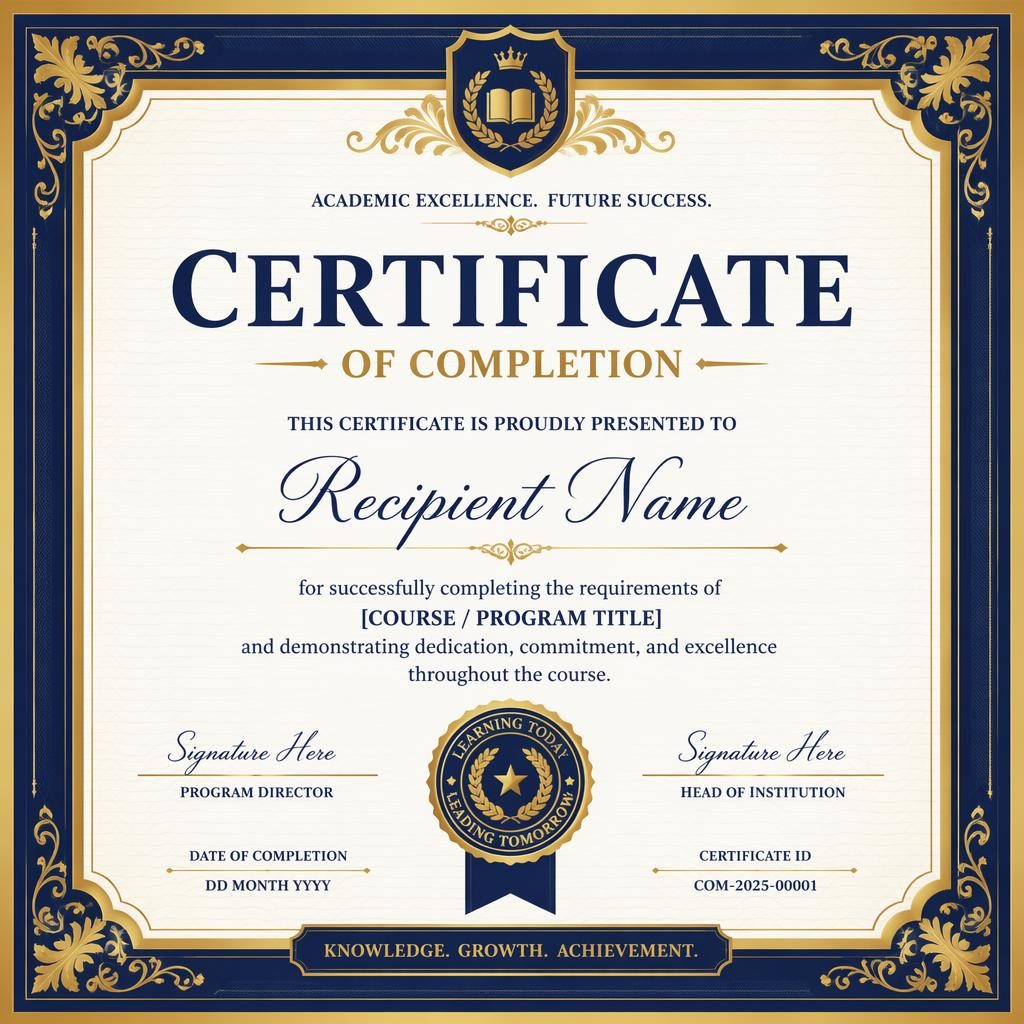Landscape A4 academic merit certificate template with ornate blue and gold border, heading, name, body text, signatures, date
