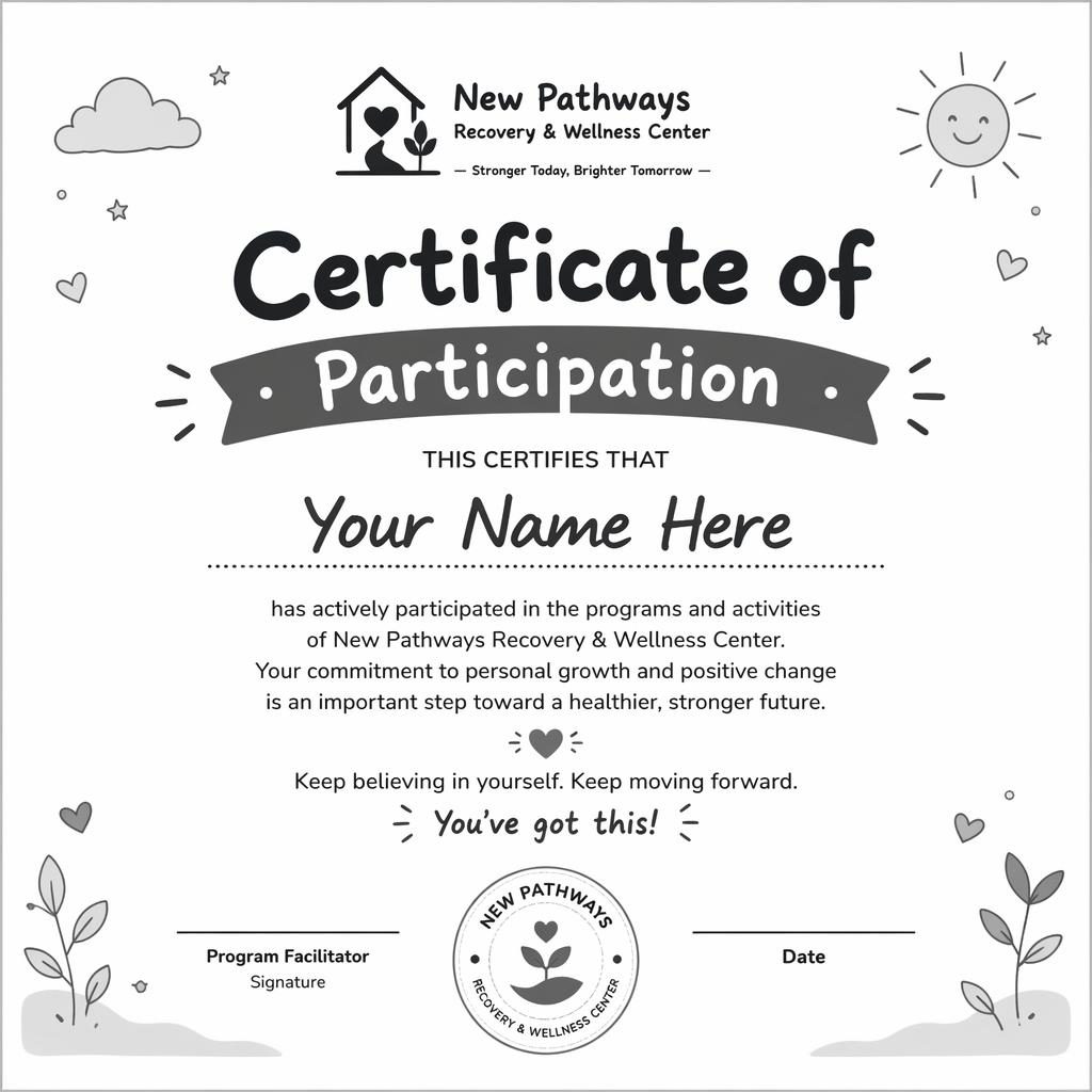Minimal monochrome landscape A4 participation certificate template with heading, recipient name, body text, signature lines, date, and seal.