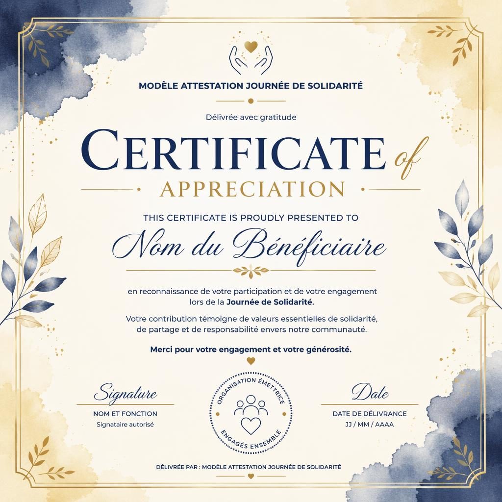Template de certificat A4 paysage, style aquarelle cosy crème, or et bleu marine, avec bordure fine et zones de signature.