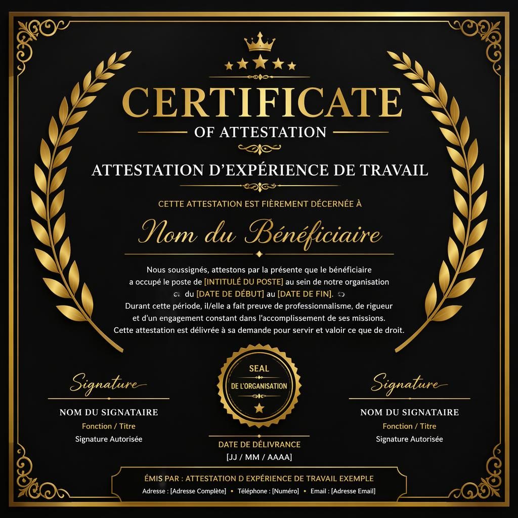 Modèle de certificat paysage A4 noir et or, bordure en laurier, titre central, lignes de signature, date et sceau.