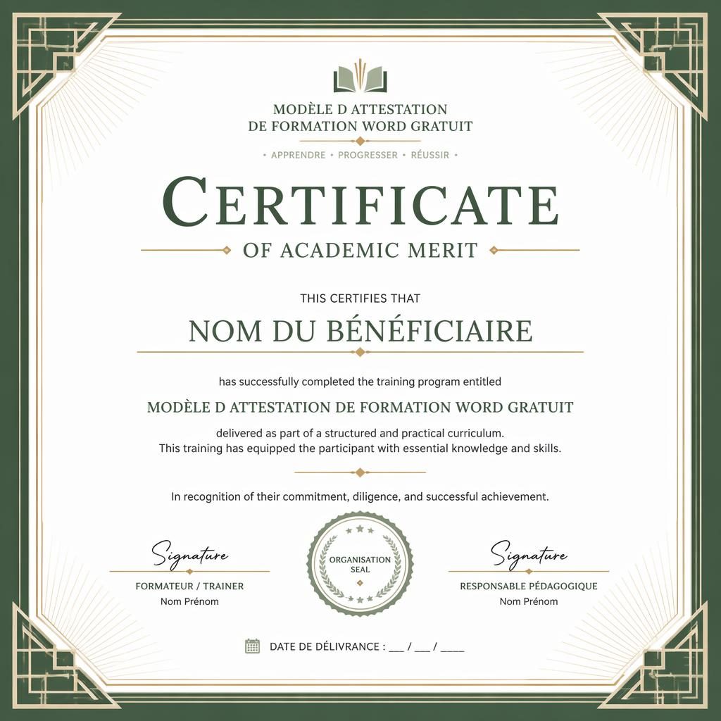 Template de certificat académique A4 paysage, bordure art déco vert sauge, titre central, lignes de signature et sceau.