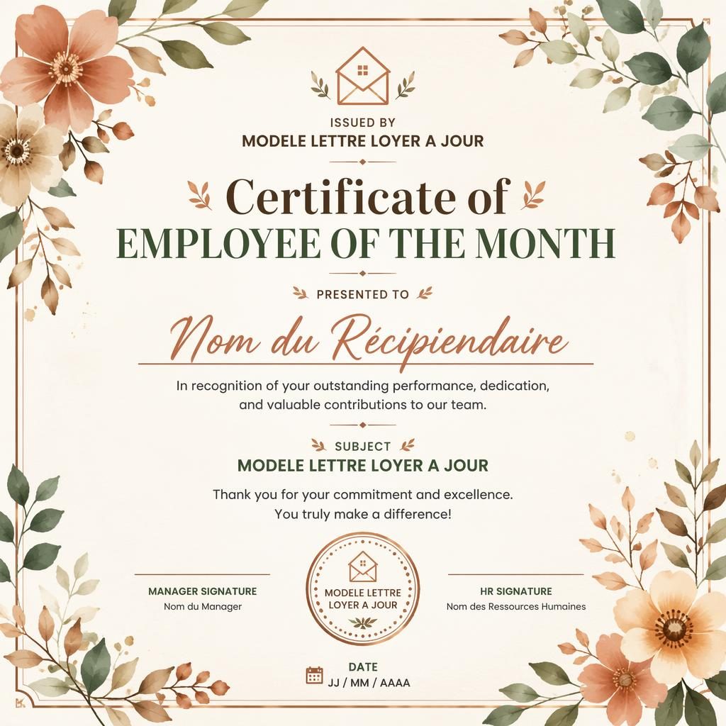 Modèle de certificat paysage A4, style minimal moderne avec bordure florale aquarelle, signature, date et sceau.