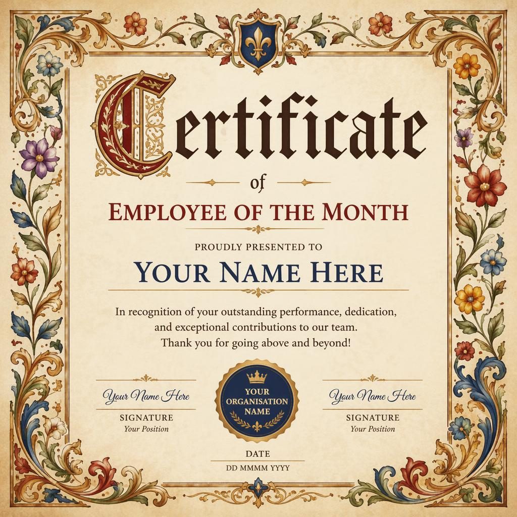 Landscape A4 employee of the month certificate template with medieval floral border, heading, name, body text, signature lines, date, and seal.