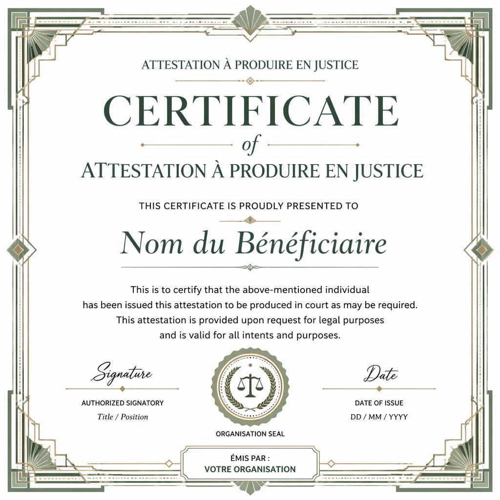 Template de certificat A4 paysage blanc et sauge, bordure art déco, titre central, zones nom, texte, signature, date et sceau.