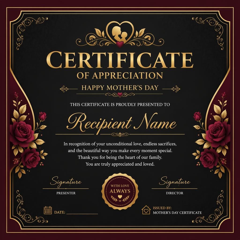 Landscape A4 Mother's Day certificate template with black, gold, and burgundy design, classic border, heading, signature lines