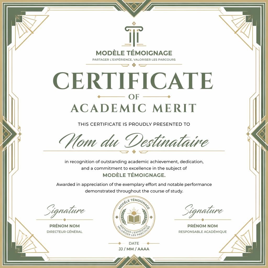 Certificat académique horizontal A4 blanc et vert sauge, bordure art déco, titre central, zones de signature et sceau.