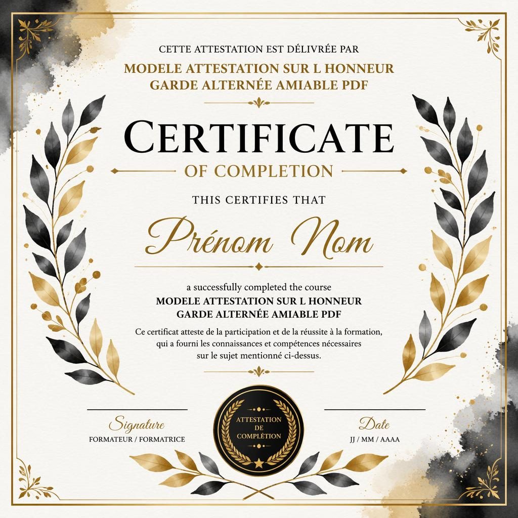 Modèle de certificat A4 paysage, bordure couronne de laurier, palette noir et or, mise en page luxe avec signature et sceau.