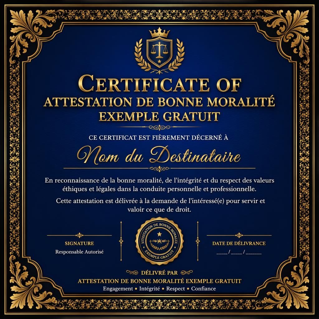 Modèle de certificat paysage A4 noir, bleu royal et or avec cadre décoratif, titre central, lignes de signature et sceau.