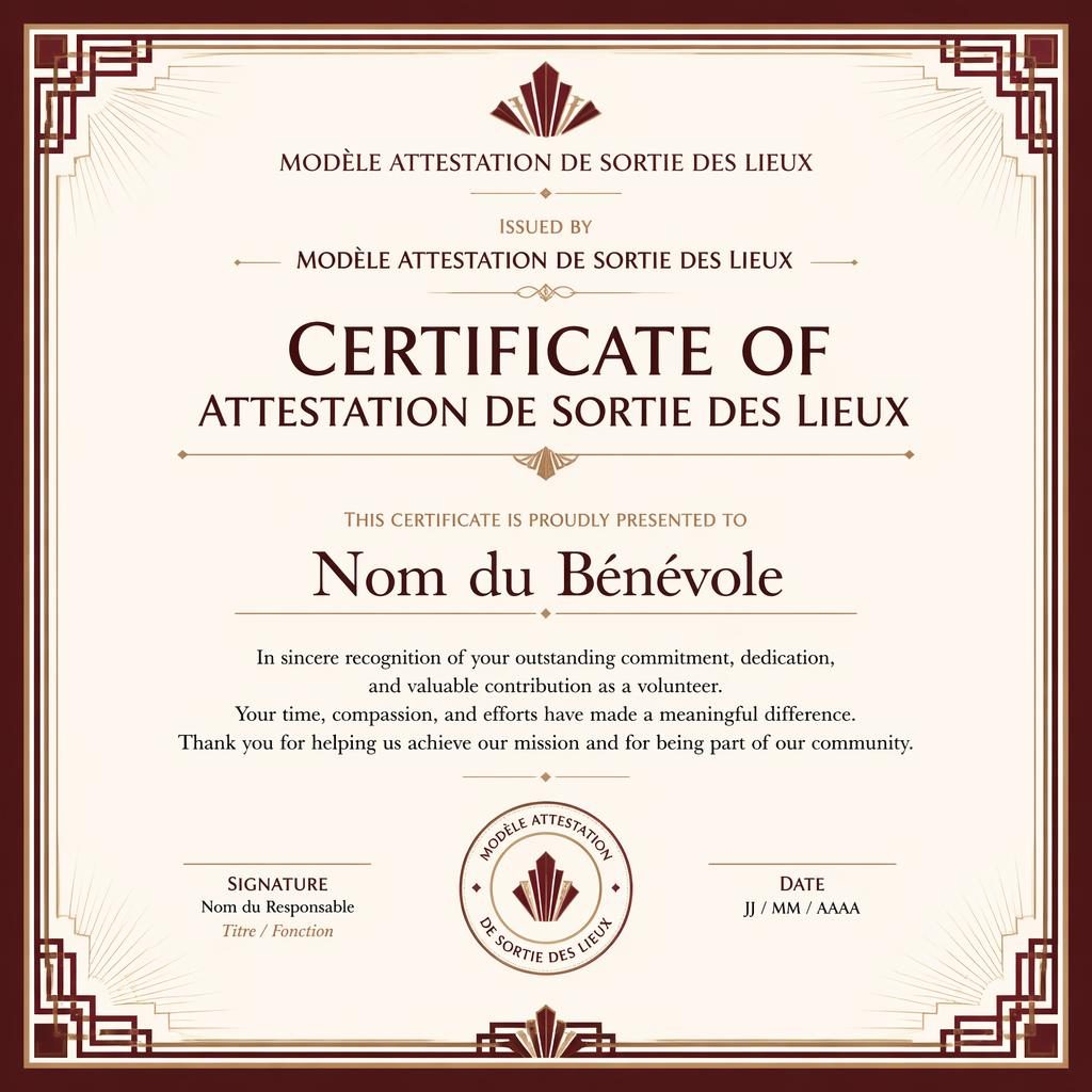 Certificat paysage A4 style Art déco, bordure double bordeaux, titre central, nom du destinataire, signature et date.