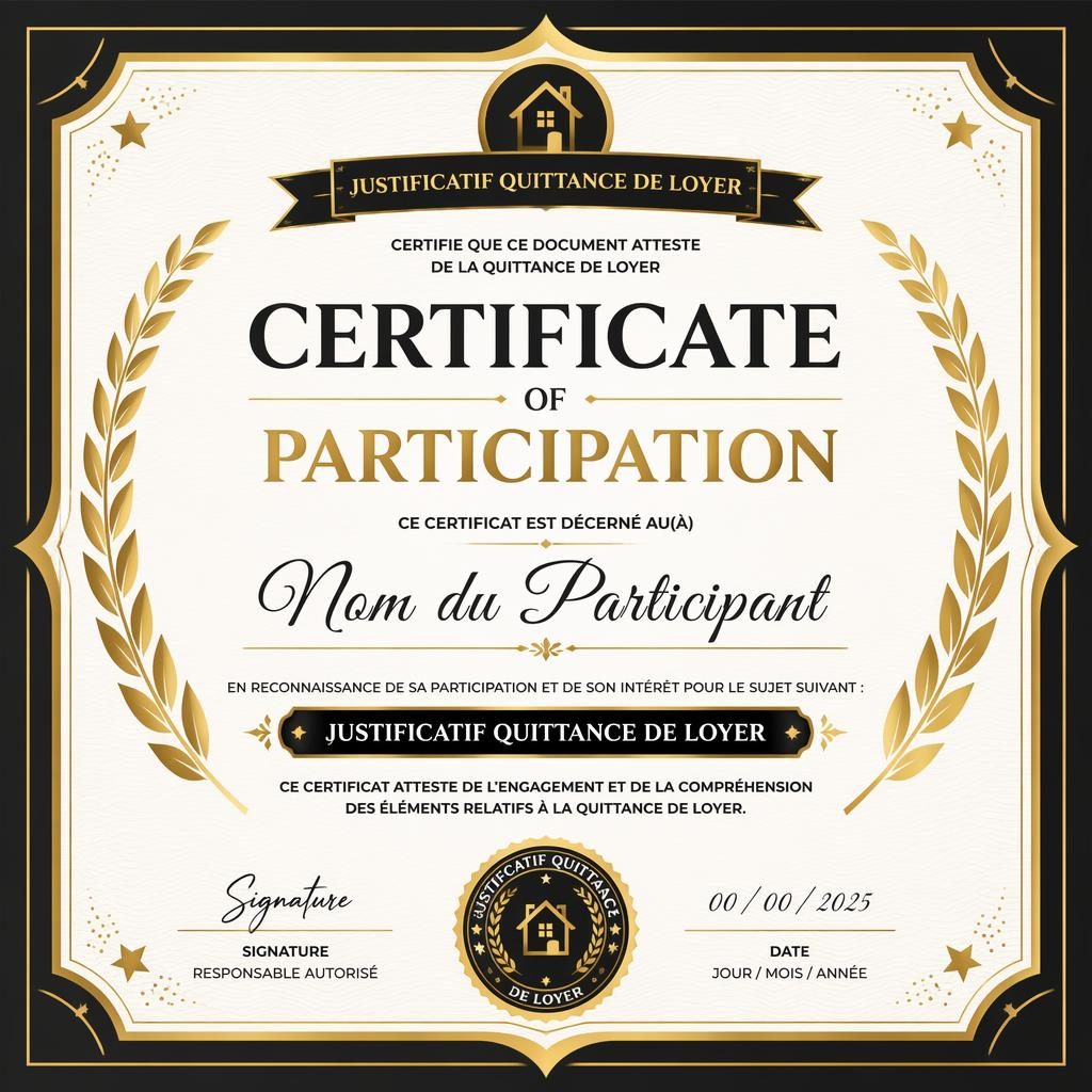 Modèle de certificat paysage A4, bordure en laurier noir et or, titre central, nom, signature, date et sceau.