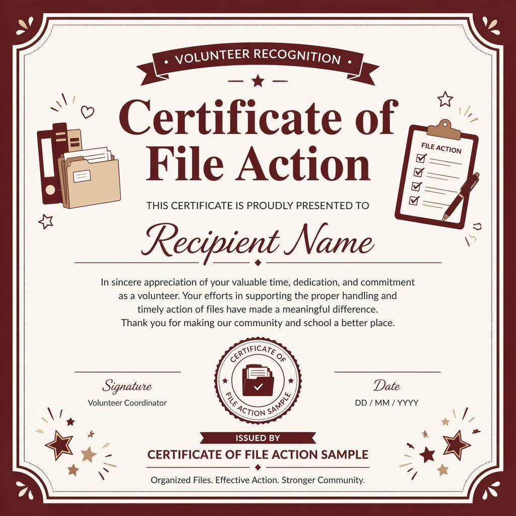 Landscape A4 volunteer recognition certificate template with burgundy double-line border, heading, name, body text, signatures, date