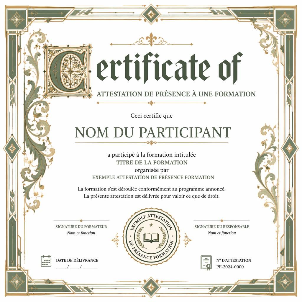 Modèle de bon cadeau A4 paysage, style enluminé médiéval et bordure art déco vert sauge sur fond blanc.
