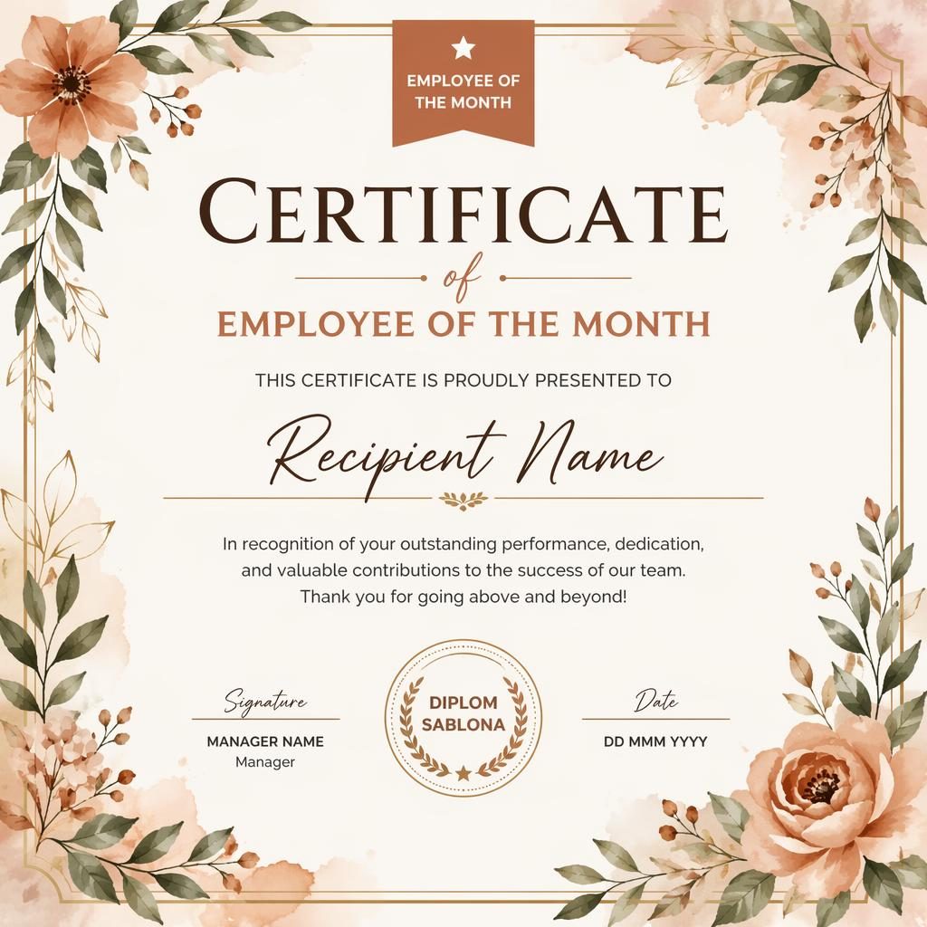 Moderní šablona certifikátu zaměstnanec měsíce s květinovým akvarelovým rámečkem, podpisy, datem a pečetí.