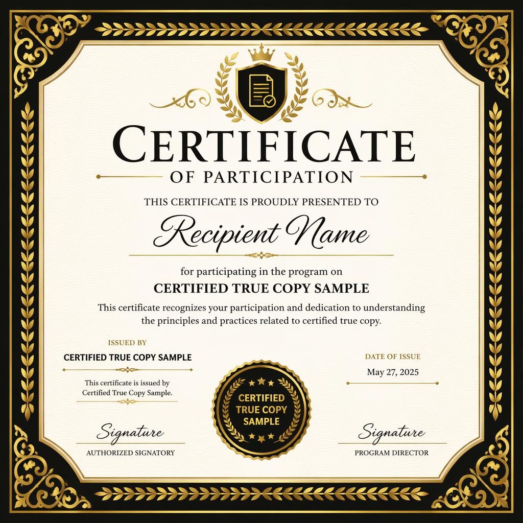 Classic ornate participation certificate template in black and gold with laurel border, signature lines, date, and seal.