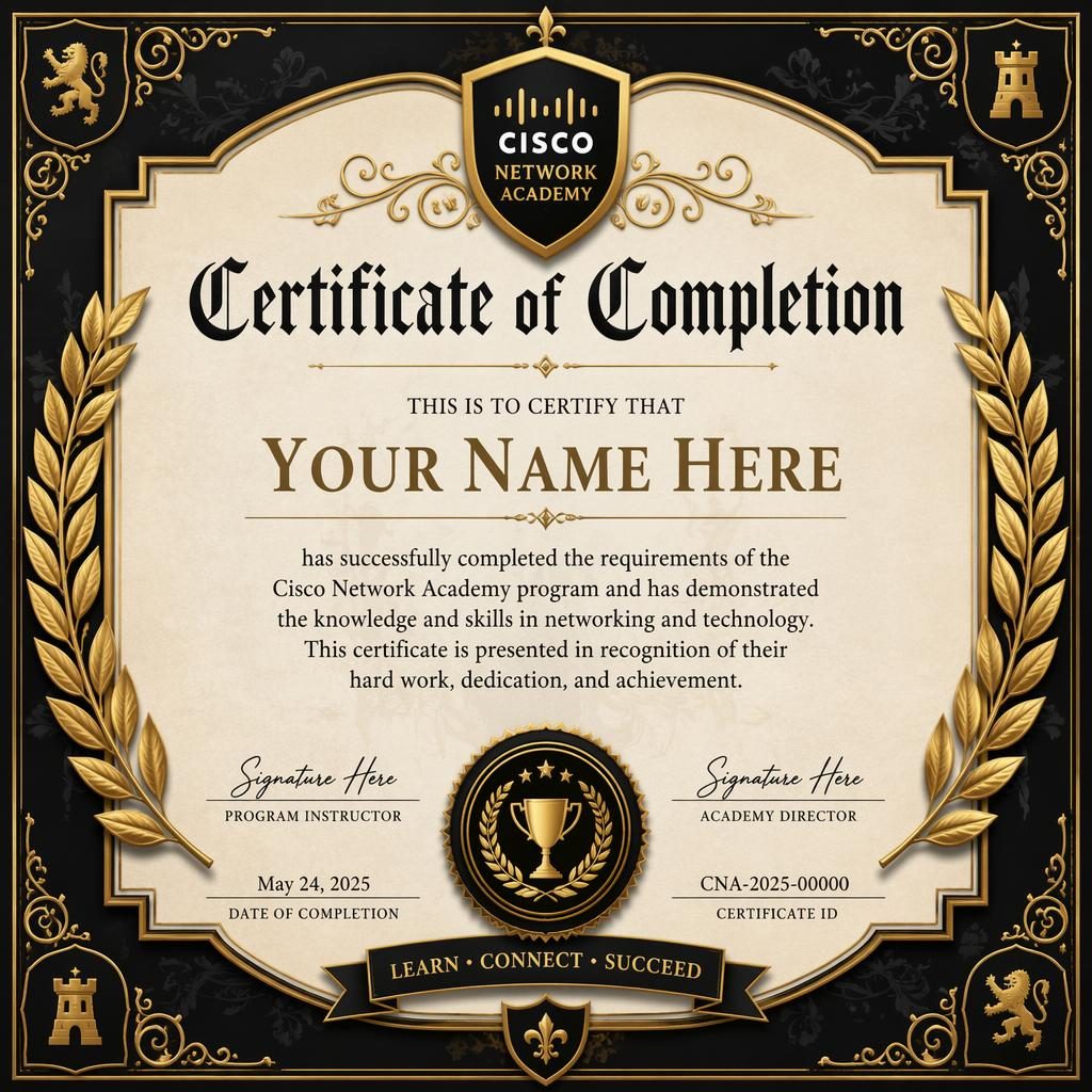 Landscape A4 medieval illuminated certificate template with black and gold laurel border, heading, signature lines, date, and seal.