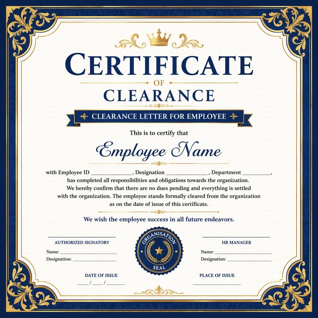 Classic ornate landscape A4 certificate template in royal blue and gold with decorative frame, heading, signature lines, date