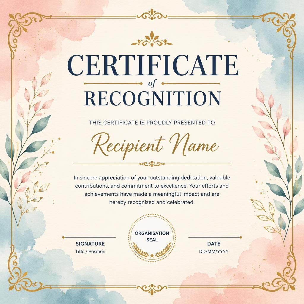 Landscape A4 certificate template with gold ornamental border, watercolor pastel background, heading, signature lines, date