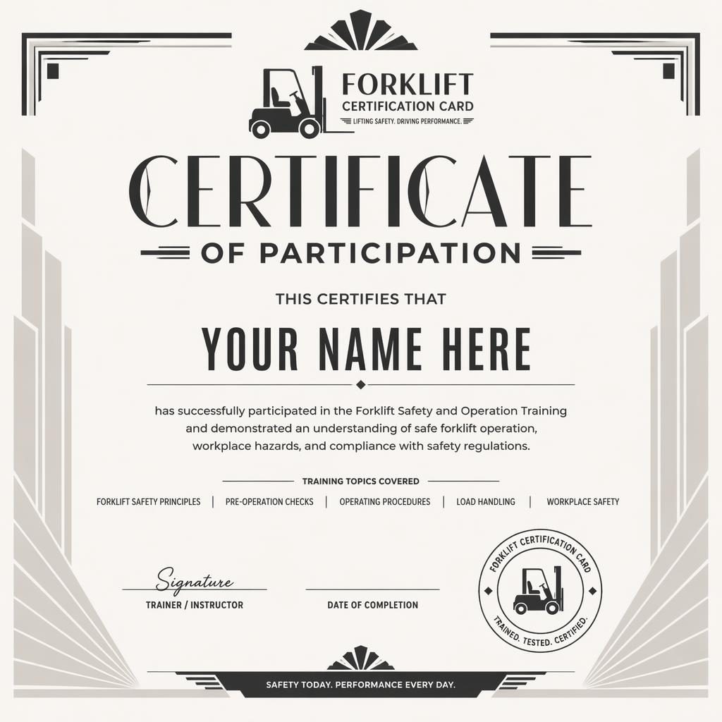 Landscape A4 participation certificate template in art deco monochrome style with heading, recipient name, body text, signature lines, date, and seal.