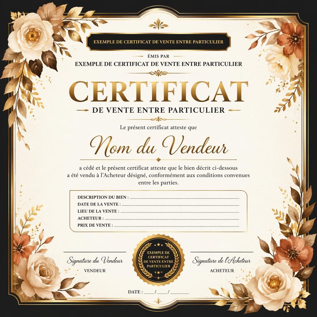 Modèle de certificat paysage A4 noir et or, bord floral aquarelle, titre central, signature, date et sceau.