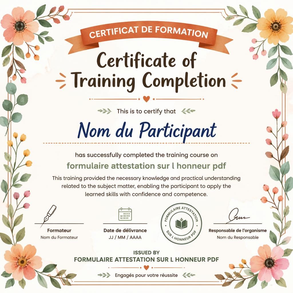 Modèle de certificat A4 paysage, bordure florale aquarelle, tons terre, titre central, nom, signatures, date et sceau.